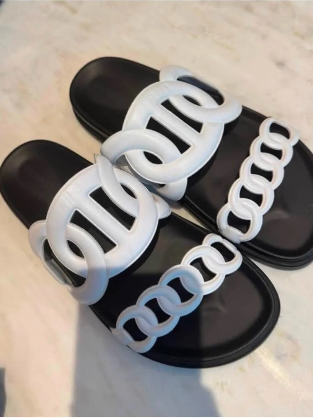 Authentic Hermes Extra Sandals Women’s Black & White Chain Slide Sandals - Picture 2 of 6